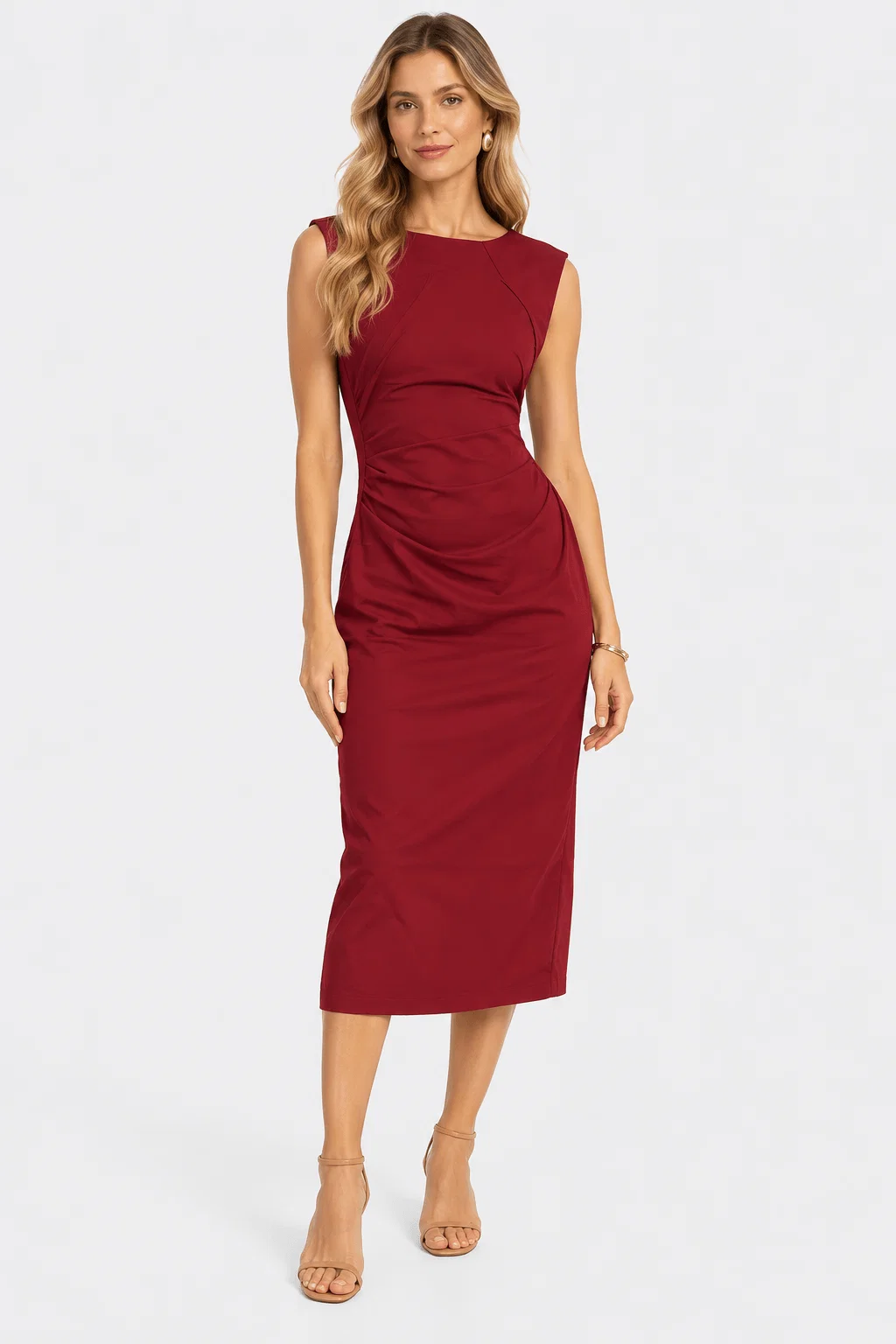 Vestido Midi Fendas Detalhe Pregas - Vinho