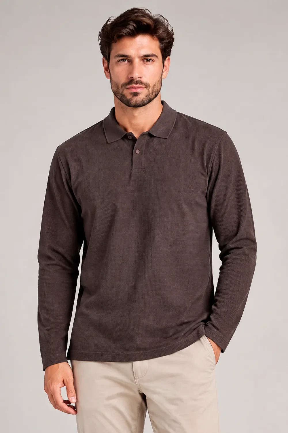 Polo Texturizada Masculina Manga Longa Polo Wear Cáqui