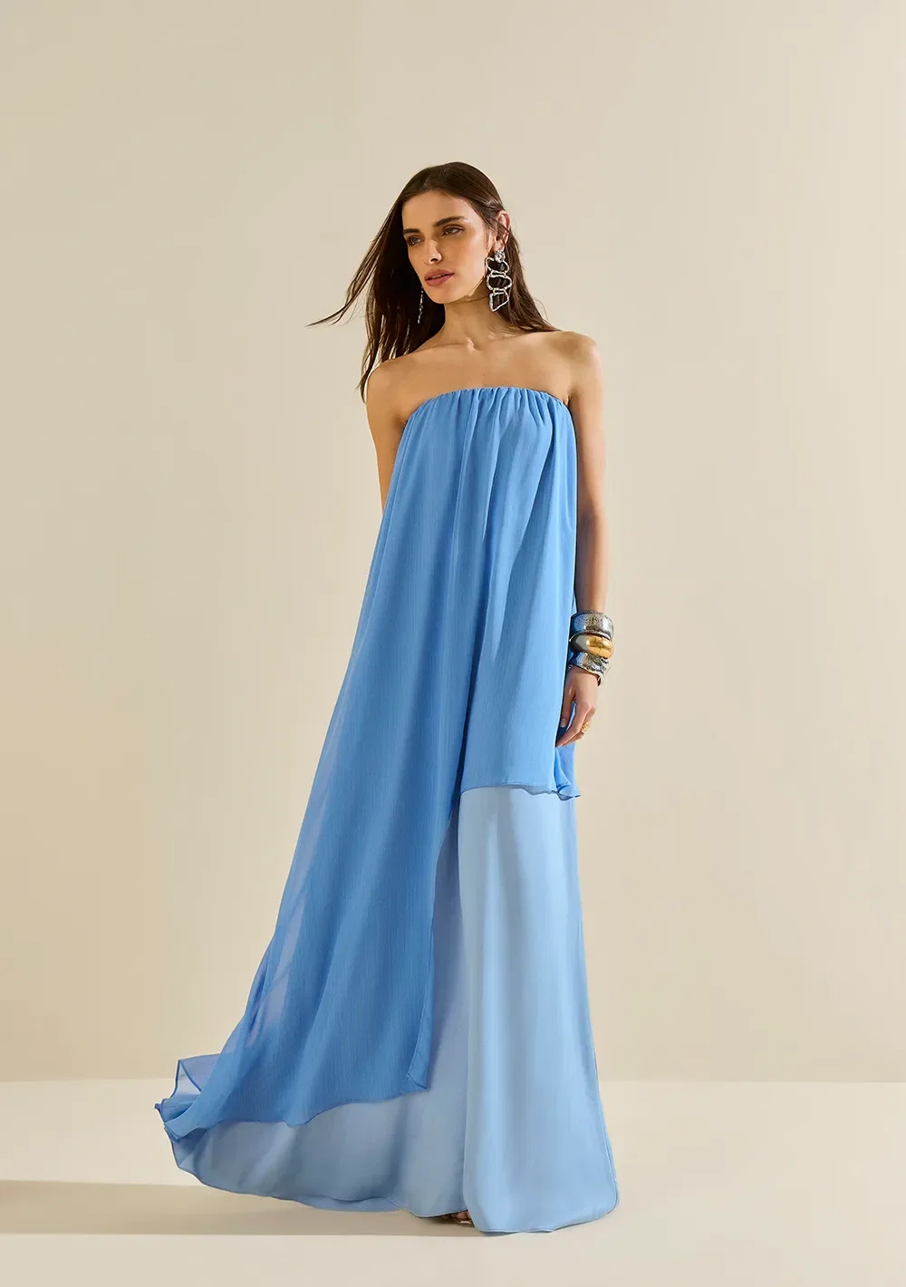 Vestido Morena Rosa Solto Decote Reto Sem Manga Longo Azul