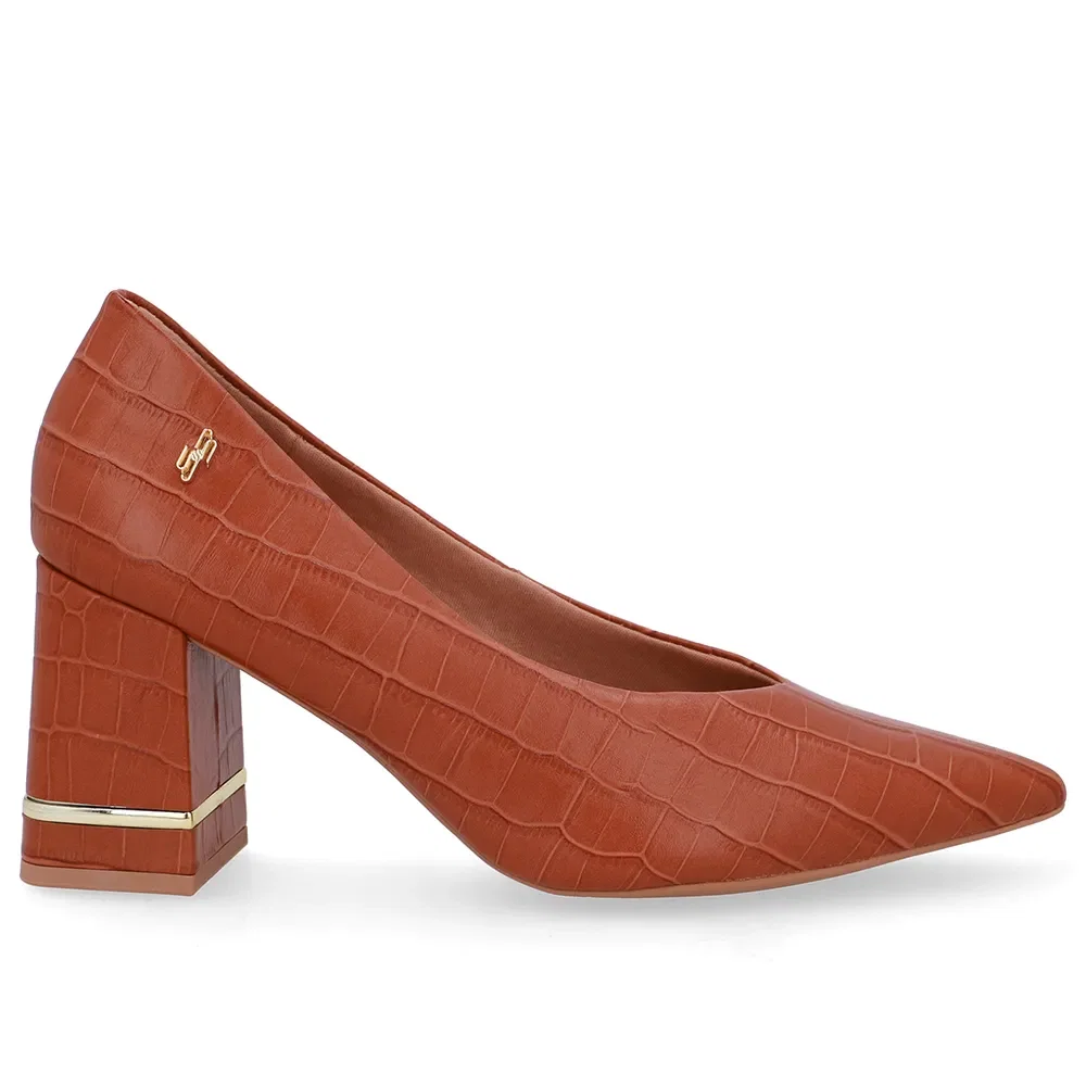Scarpin Bico Fino Couro Croco Marrom Detalhe Salto