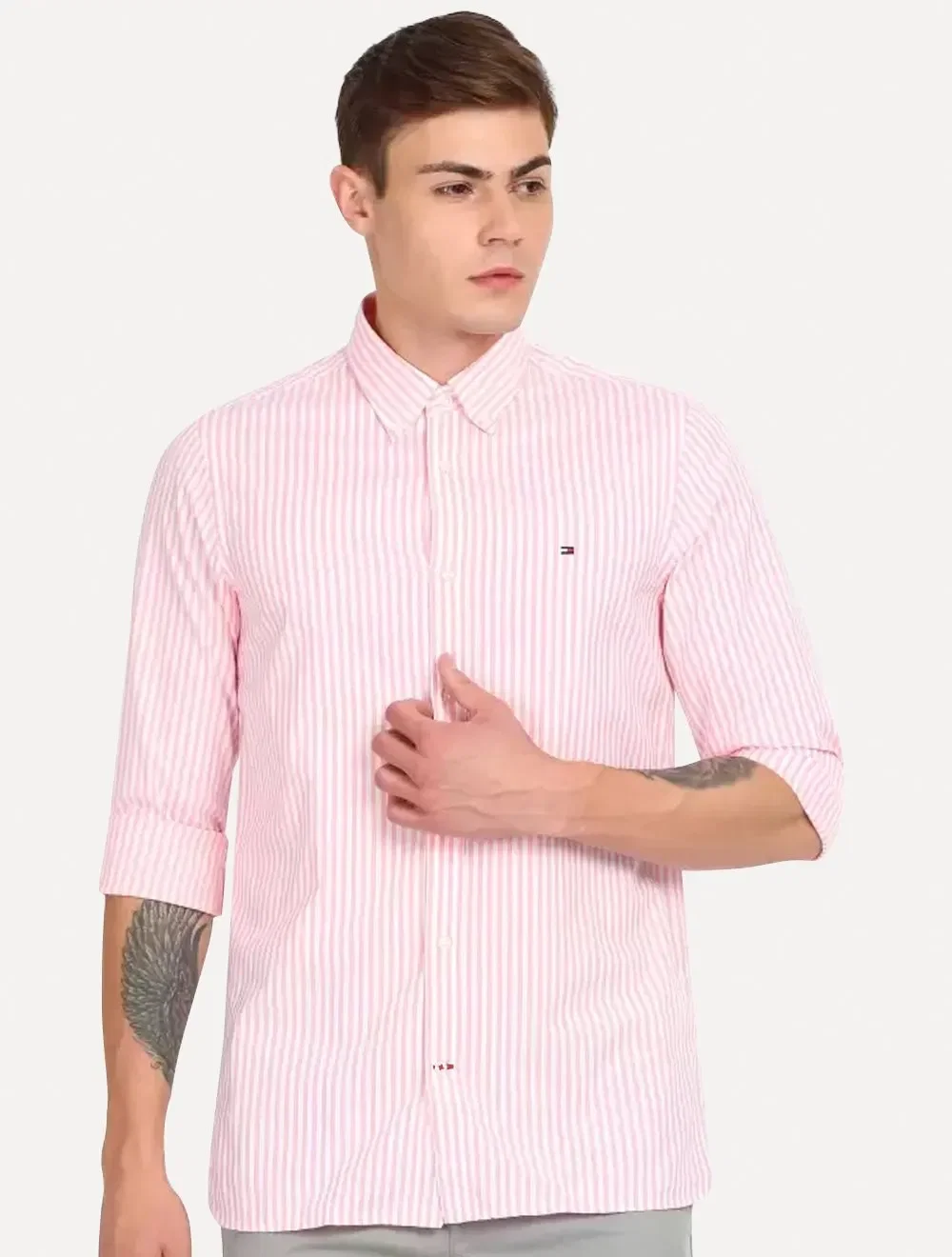 Camisa Tommy Hilfiger Masculina Regular Striped Poplin Rosa Claro — imagem 1