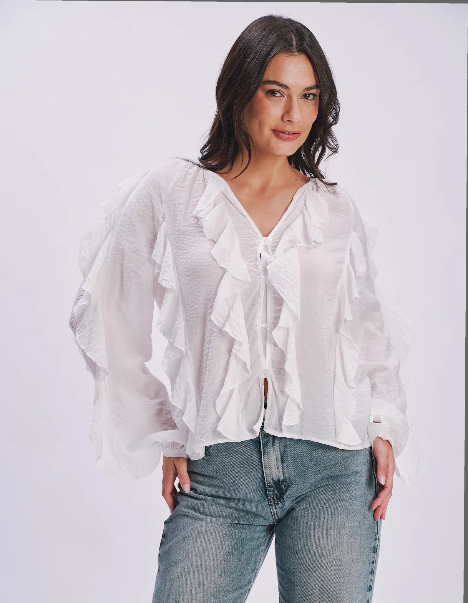 Blusa Manga Longa Babados - Branco — imagem 1