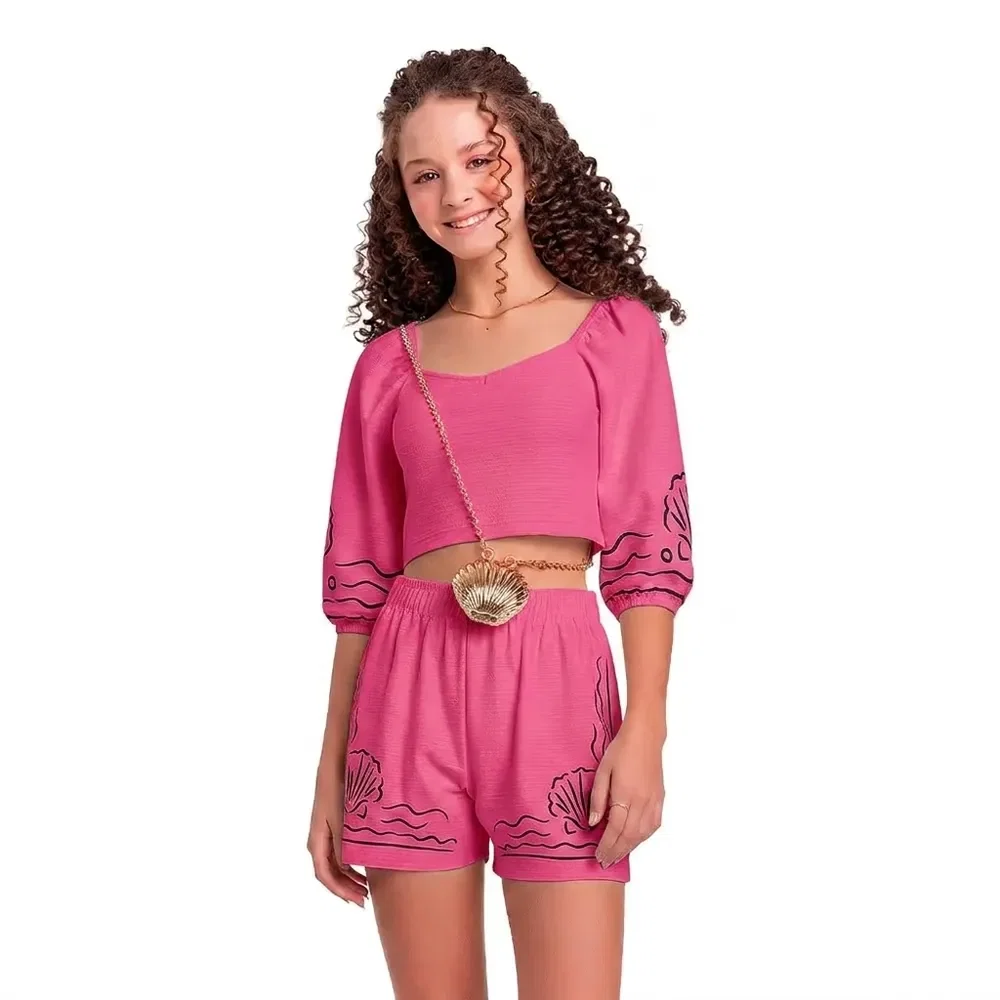 Conjunto juvenil blusa cropped e short praiana — imagem 1