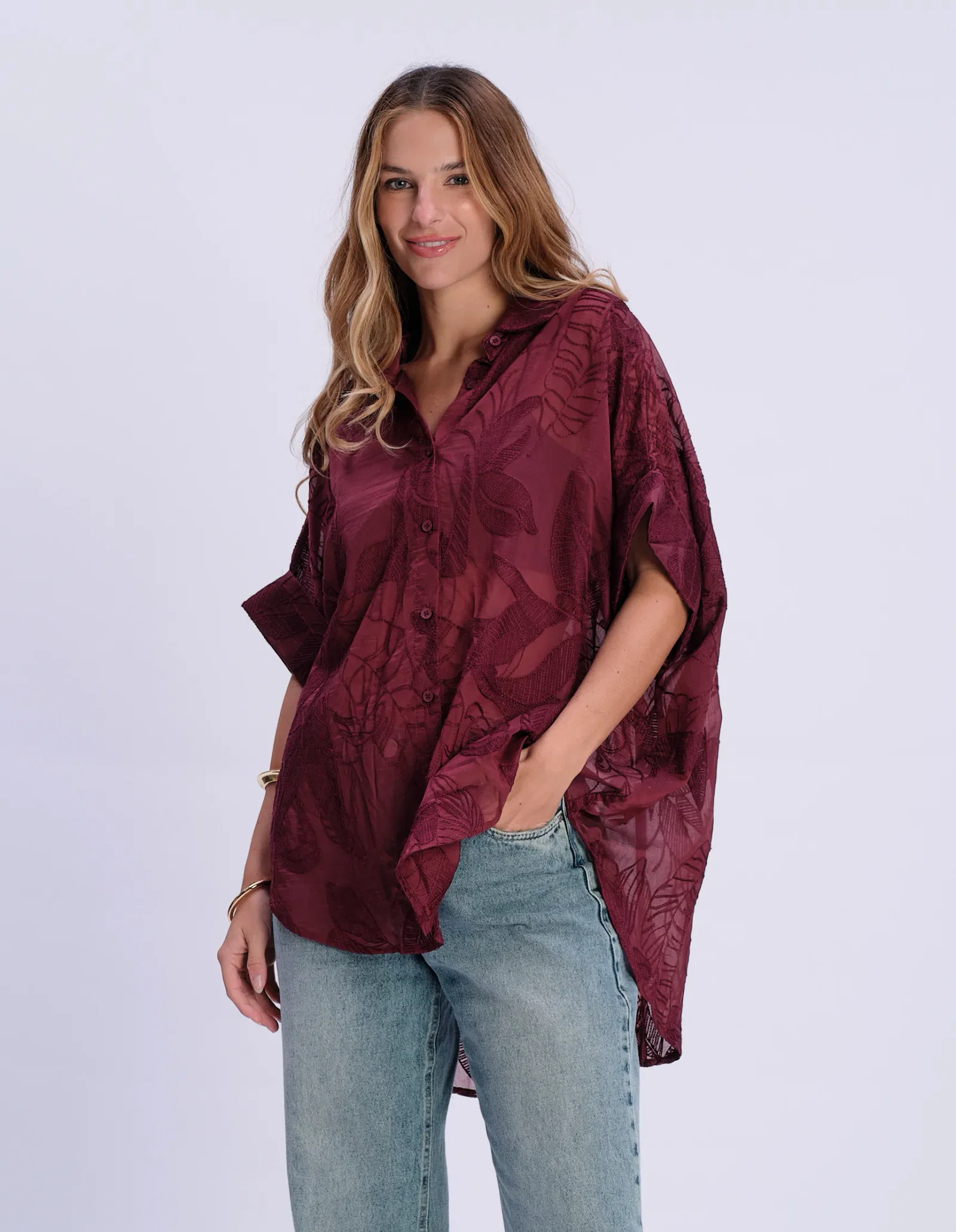 Camisa Liocel Manga Curta Devorê - Vinho