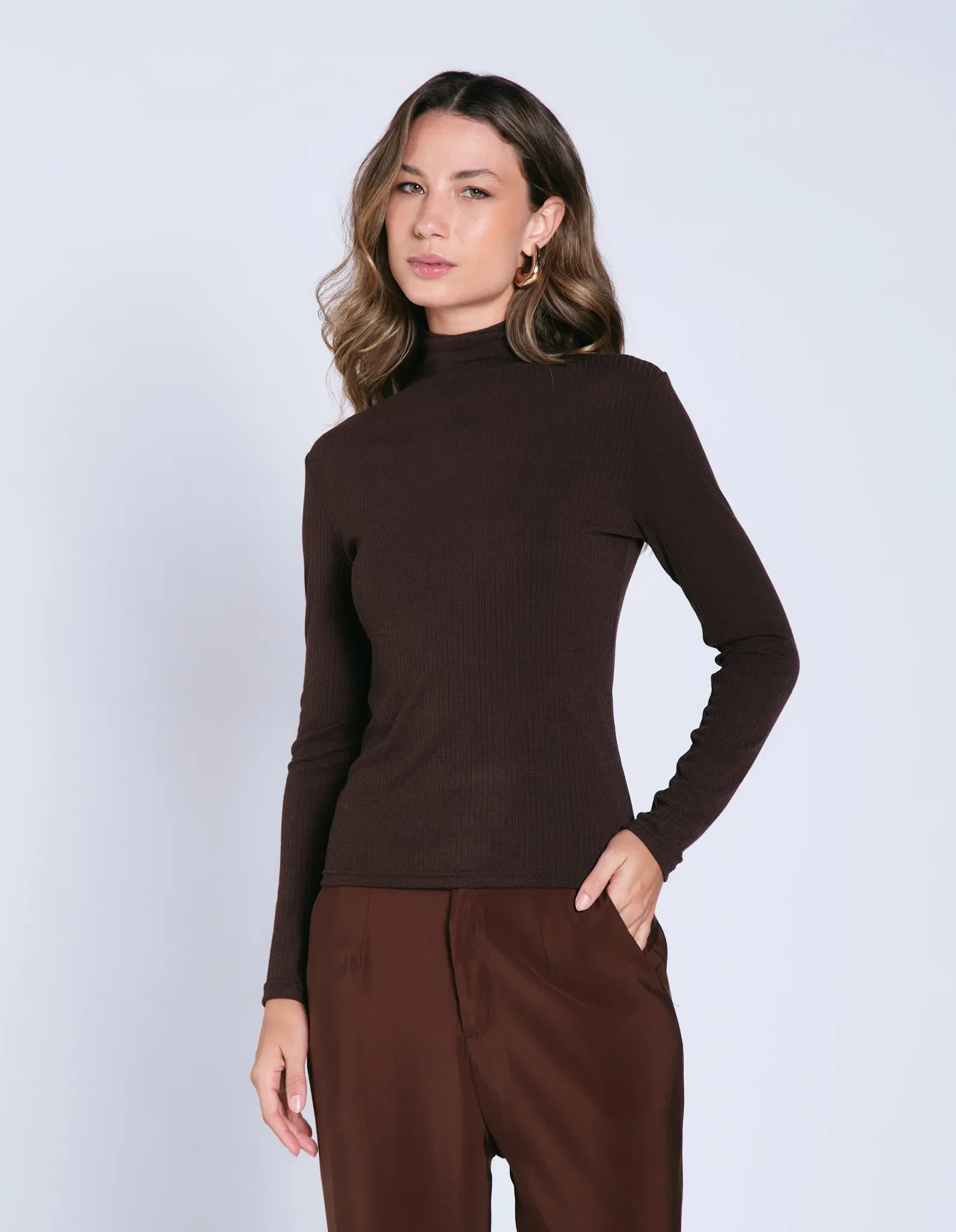 Blusa Manga Longa Gola Alta Lisa - Cafe — imagem 1