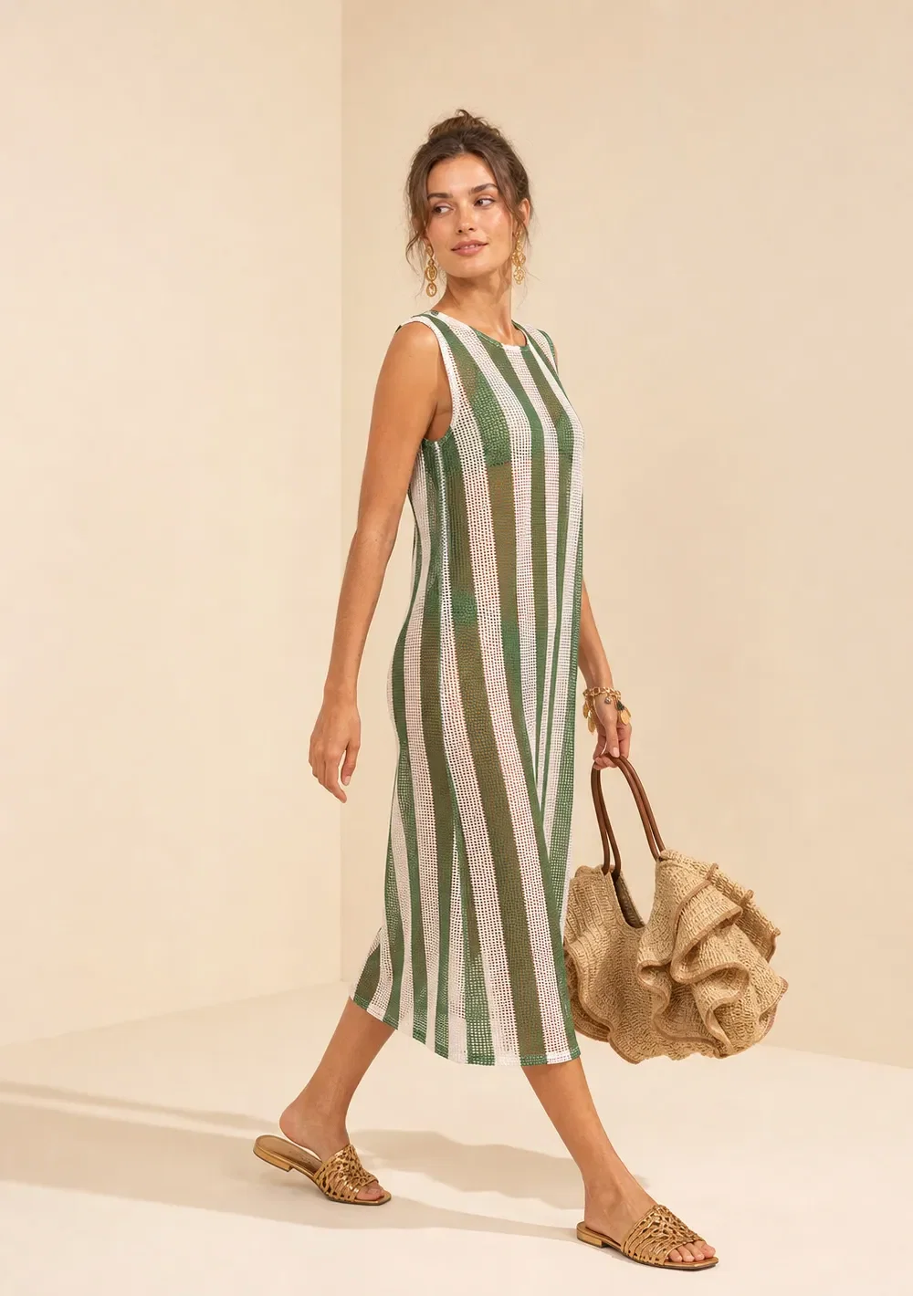 Vestido Morena Rosa Solto Decote Careca Sem Manga Midi Verde