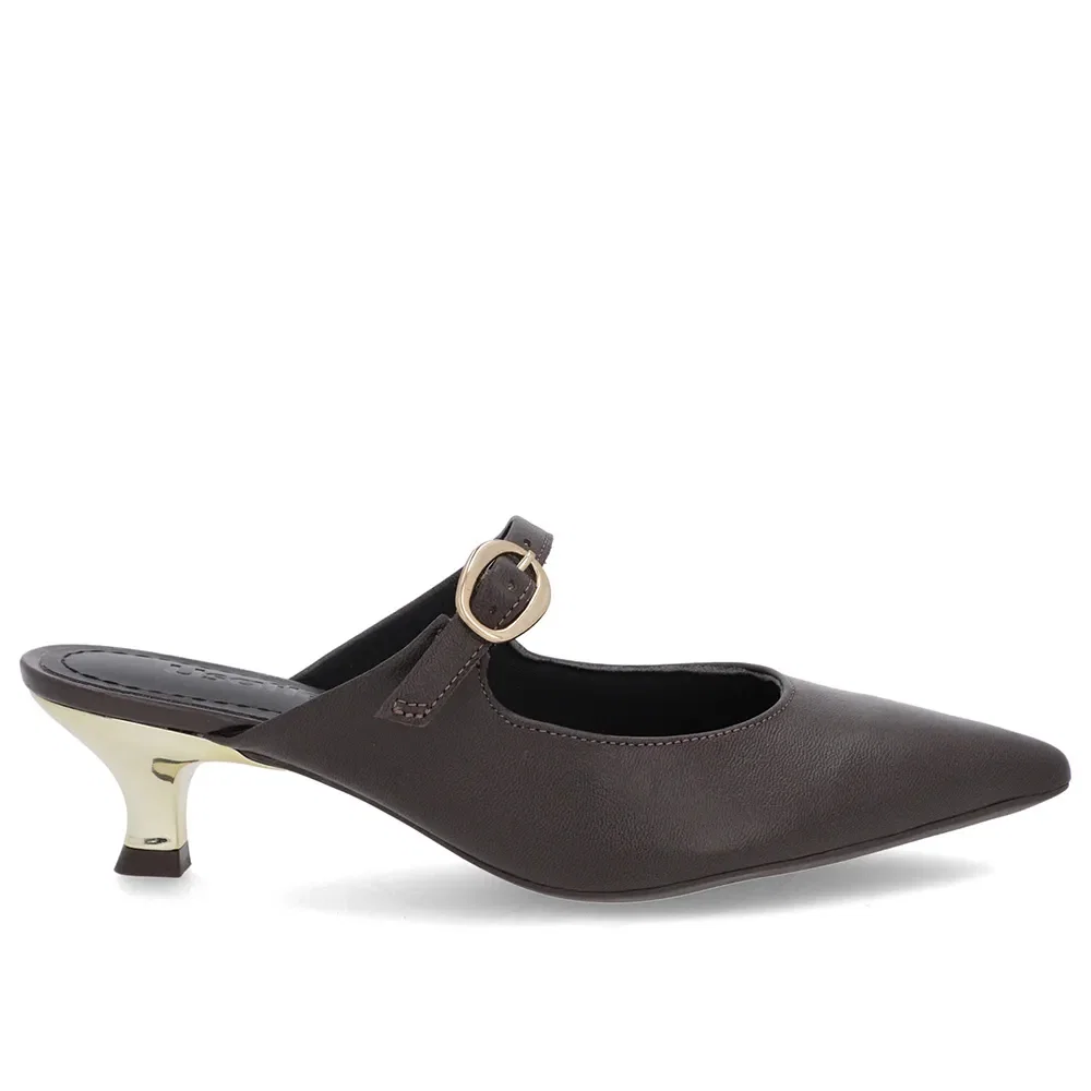 Mule Marrom Couro Salto Kitten Tira