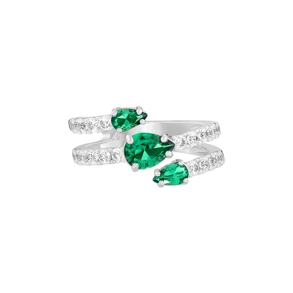 Anel Life Special II Triplo em Prata 925 com Pedras Verdes e Incolores