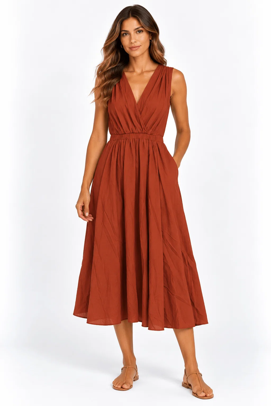 Vestido Midi Detalhe Pregas - Terracota