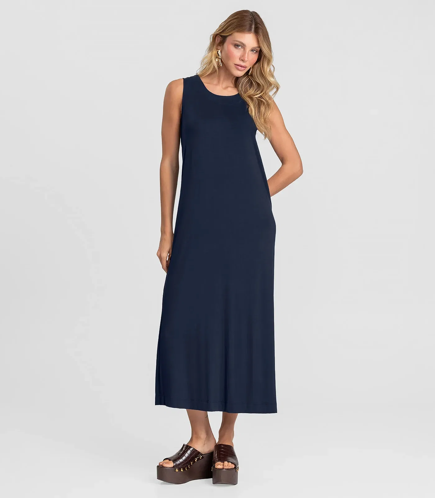 Vestido Midi Feminino em Malha Visco Dianna Azul