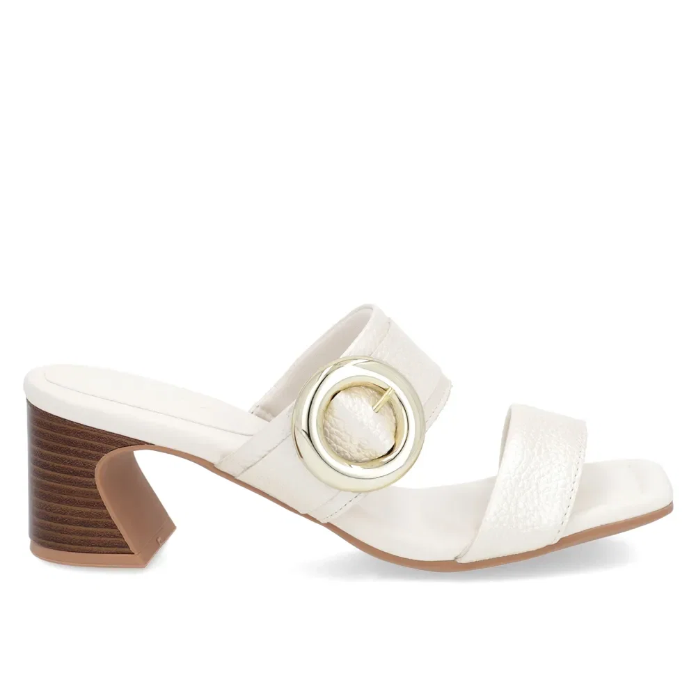 Tamanco Salto Amadeirado Couro Off-White Maxi Enfeite — imagem 1