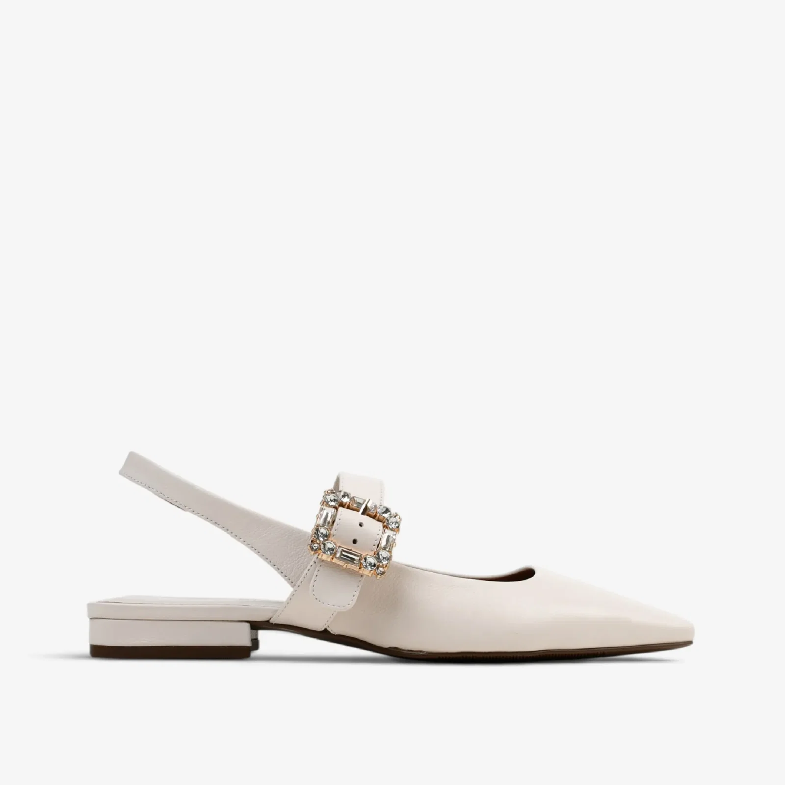 Slingback Off White Algodão Fivela Couro