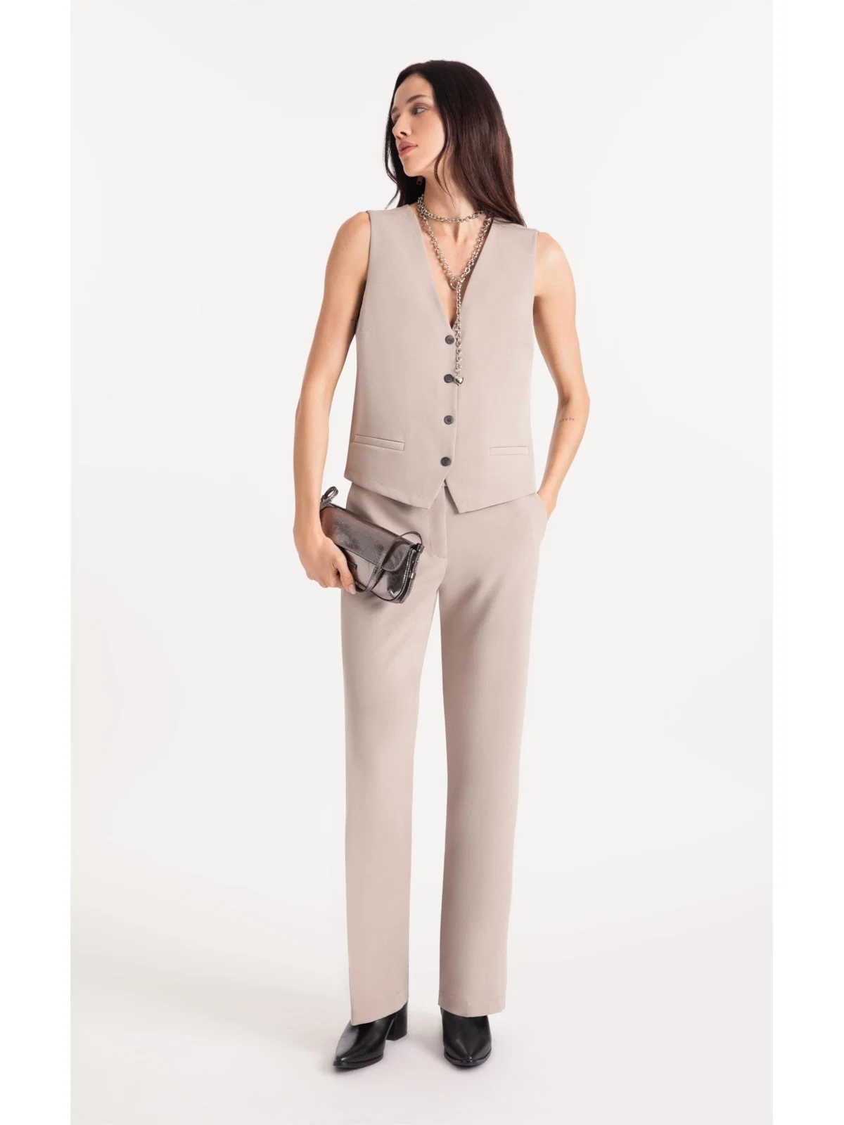 Calça Lilla Reta Double Buttons Cinza Claro