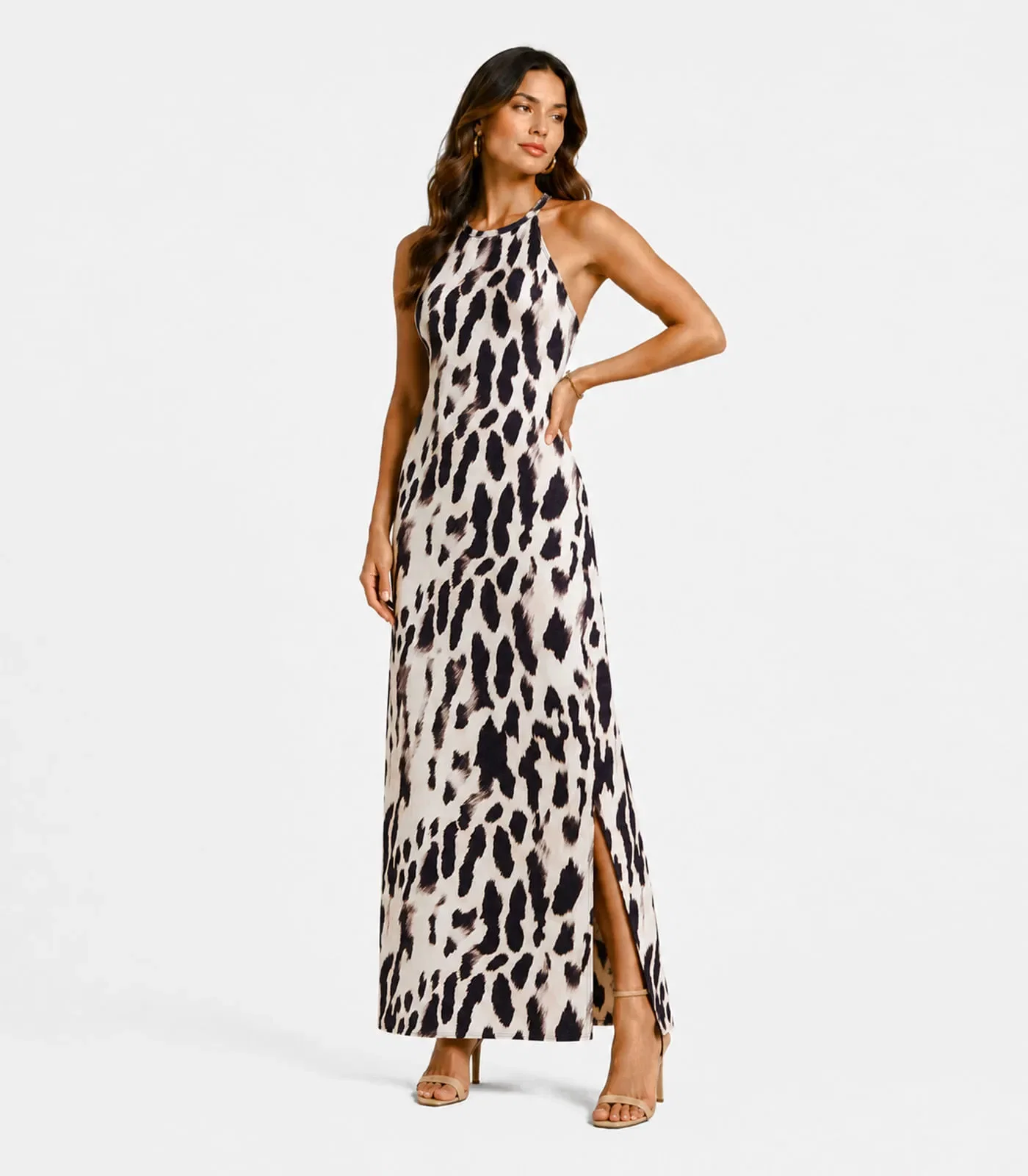 Vestido Longo Estampado Sem Manga Infinita Cor Bege