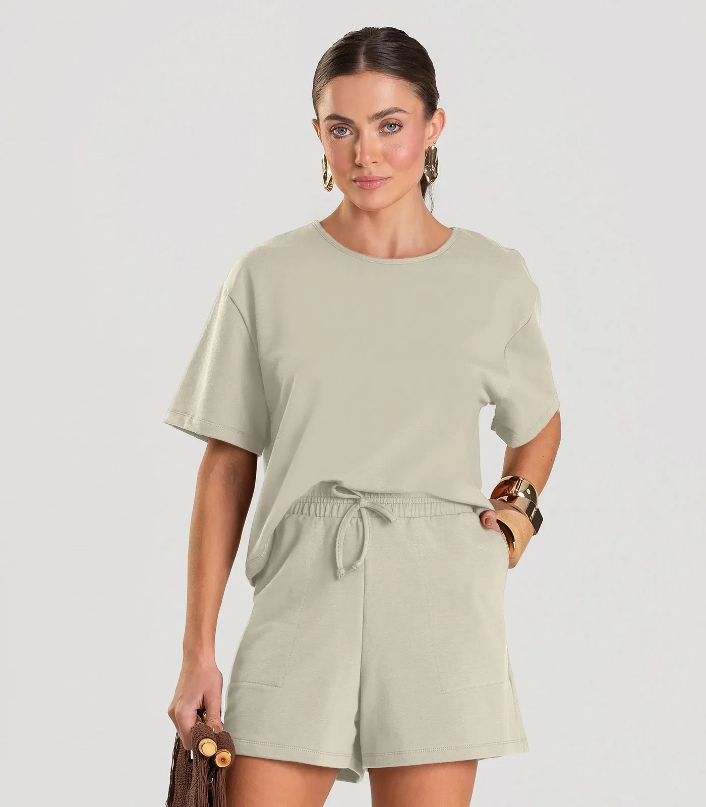 Conjunto Feminino Blusa Com Shorts Dianna Bege