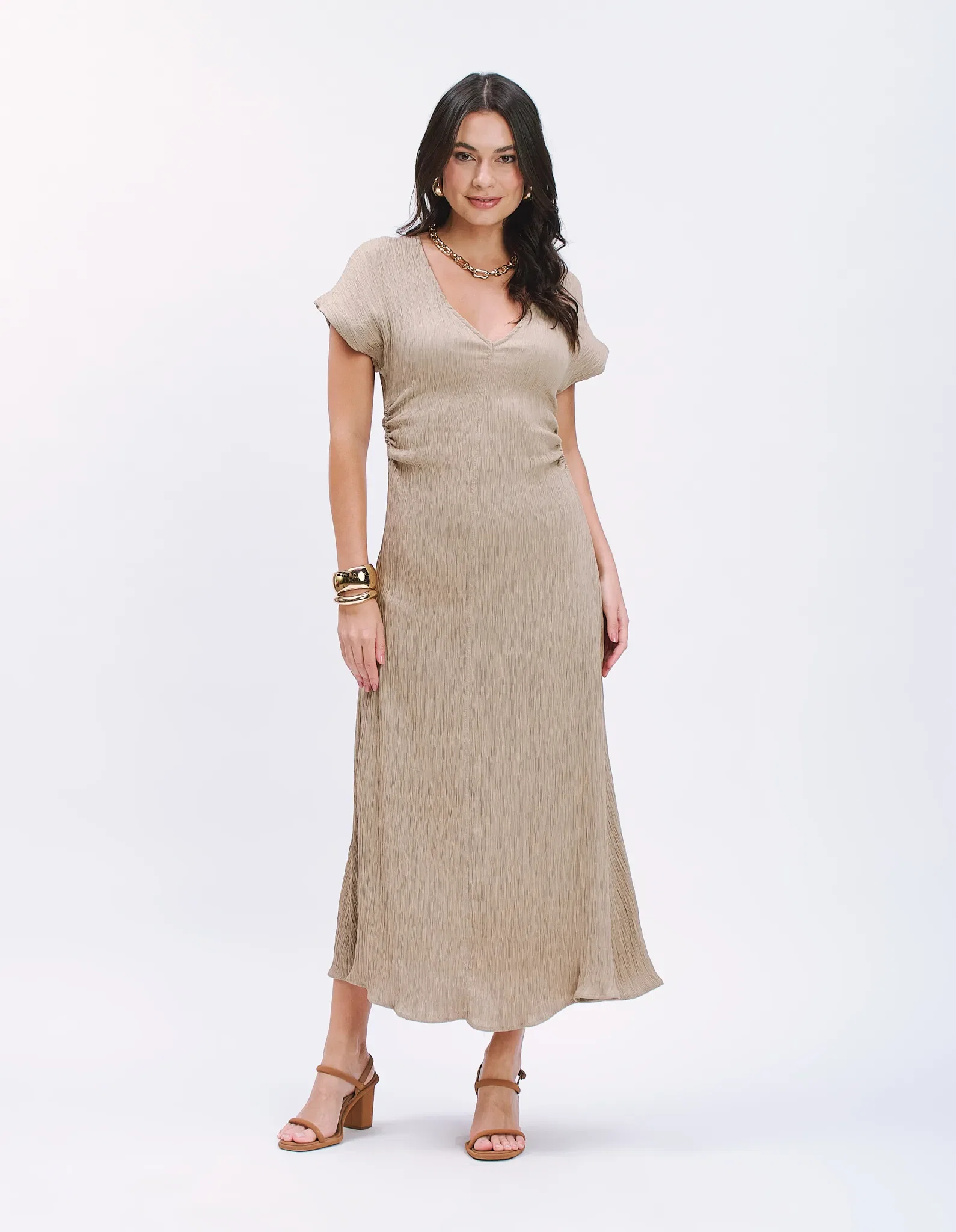 Vestido Midi Decote v Textura - Verde — imagem 1
