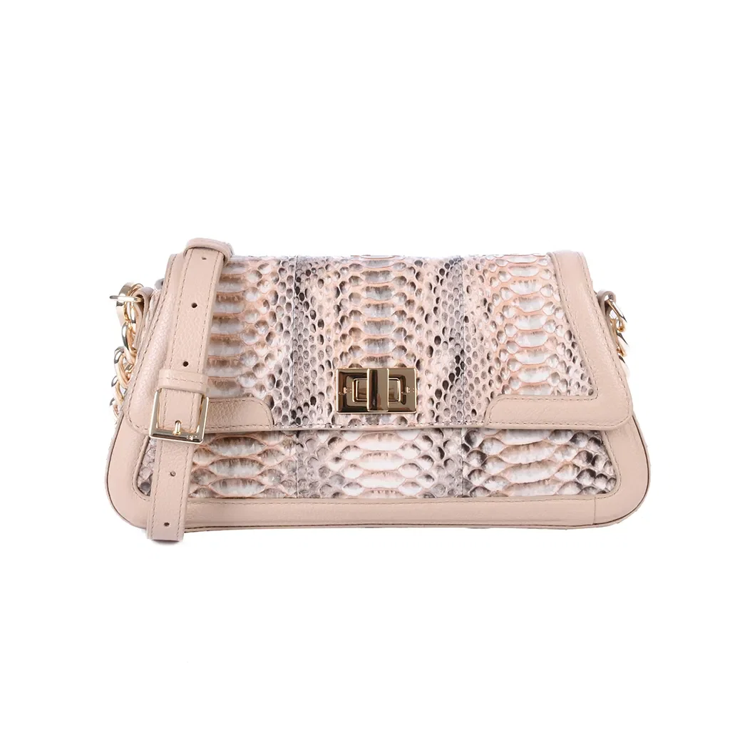 Bolsa Baguete Nude Sand Pele Cobra Python