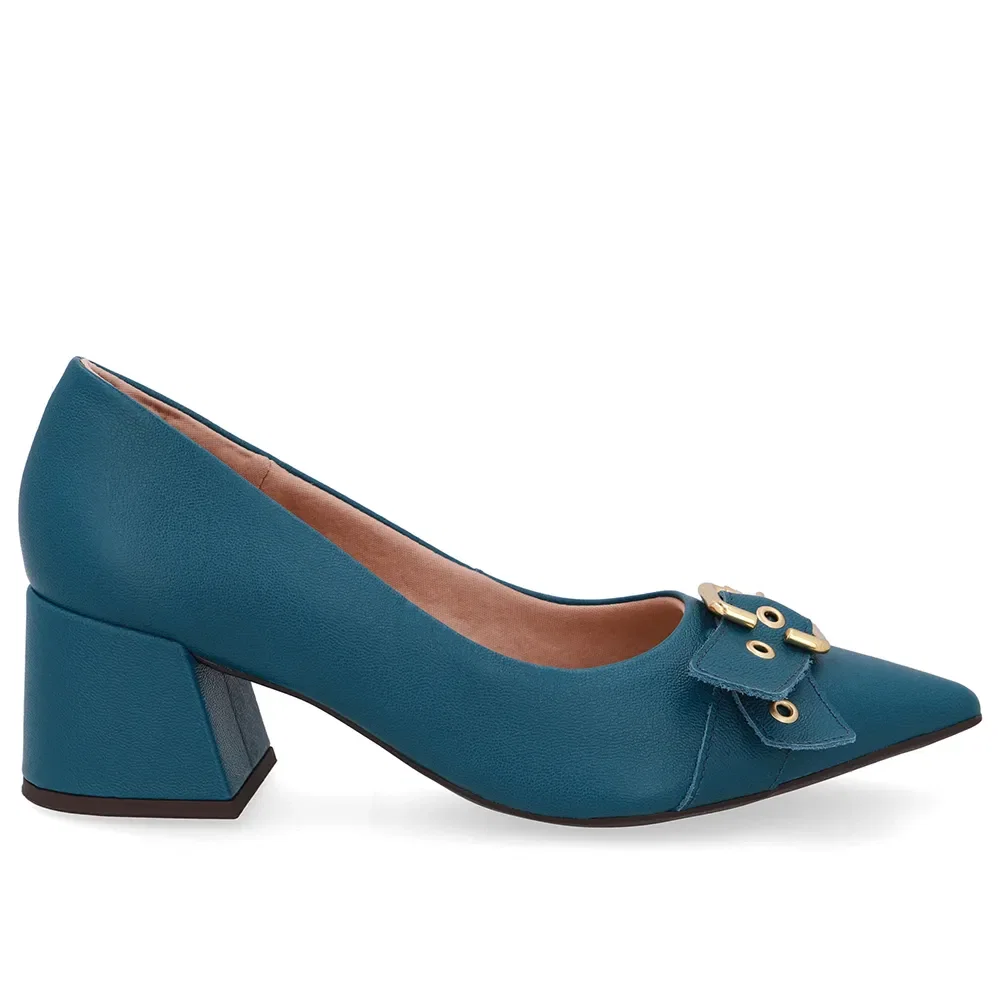 Scarpin Azul Salto Bico Fino Fivela