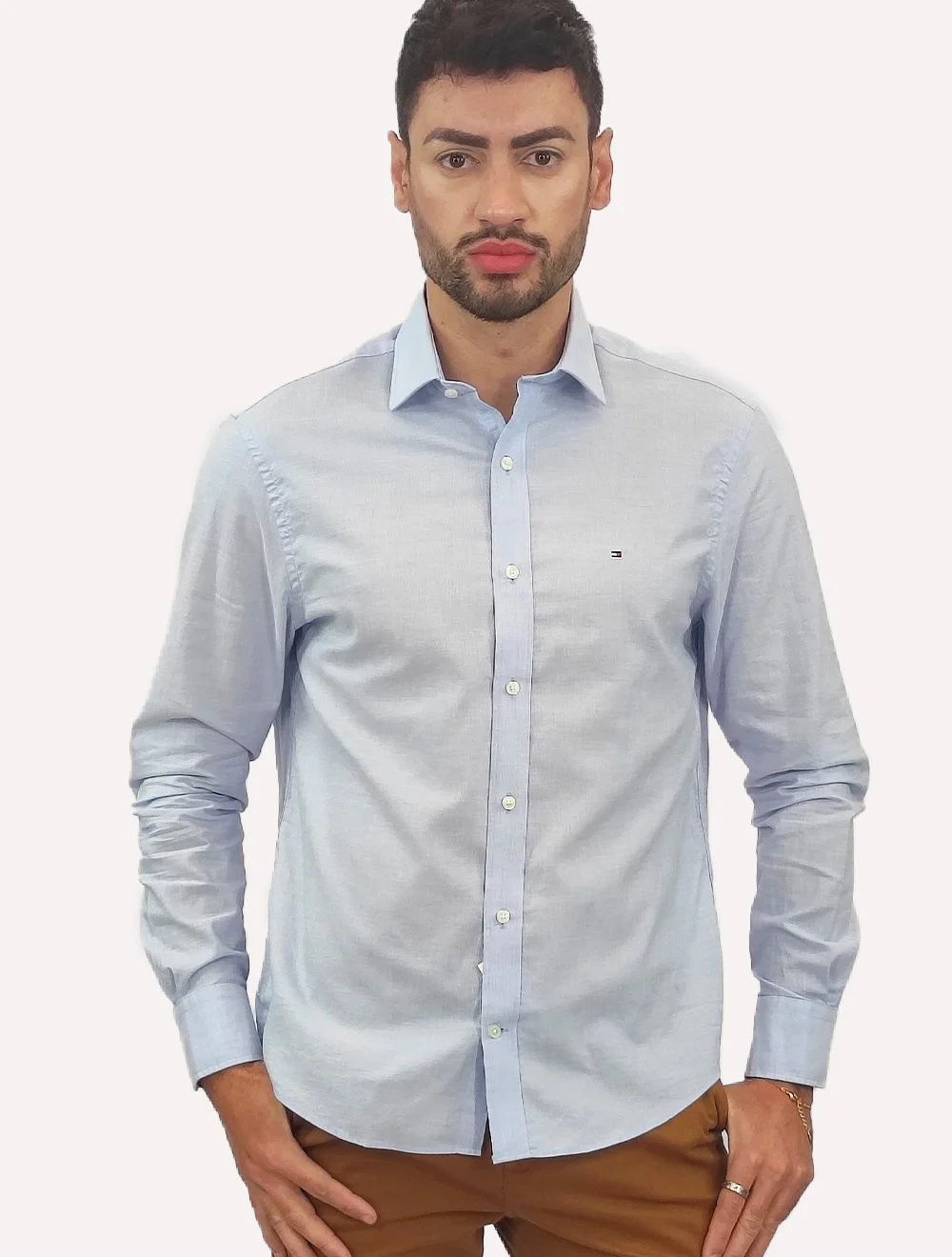 Camisa Tommy Hilfiger Masculina Soft-Washed Stretch Azul Mescla — imagem 1