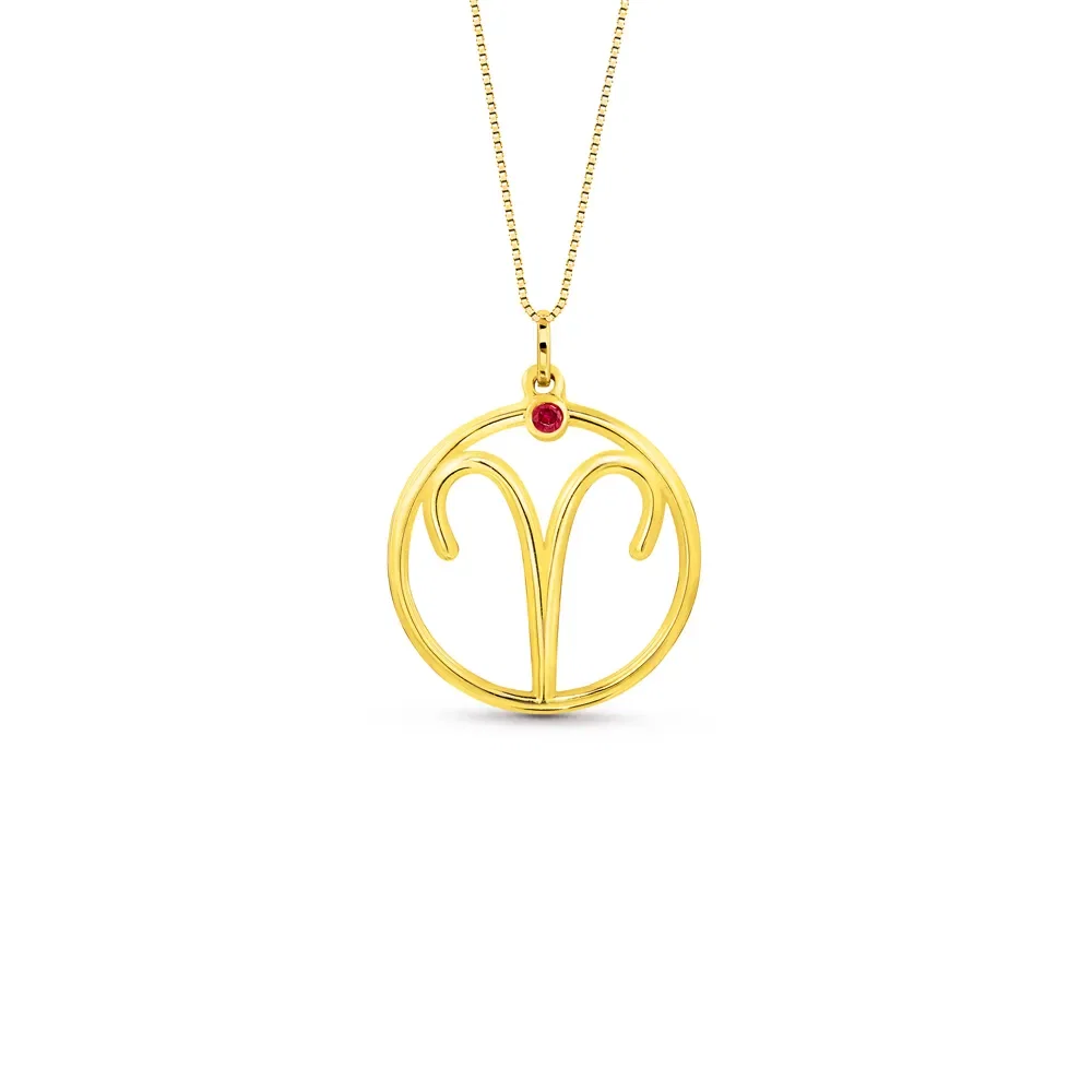 Pingente ZodíAço Áries em Ouro Amarelo 18k com Rubi, 17mm