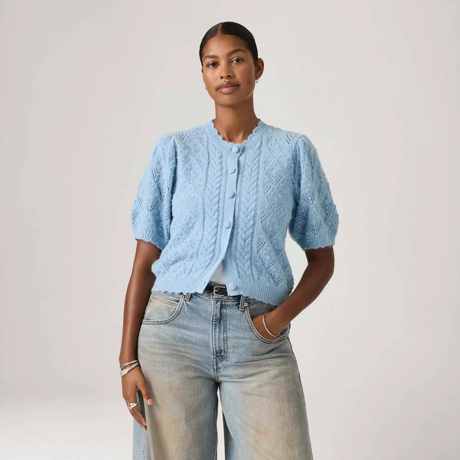 Cardigã Levi's® Pauline Tricot Azul Manga Curta