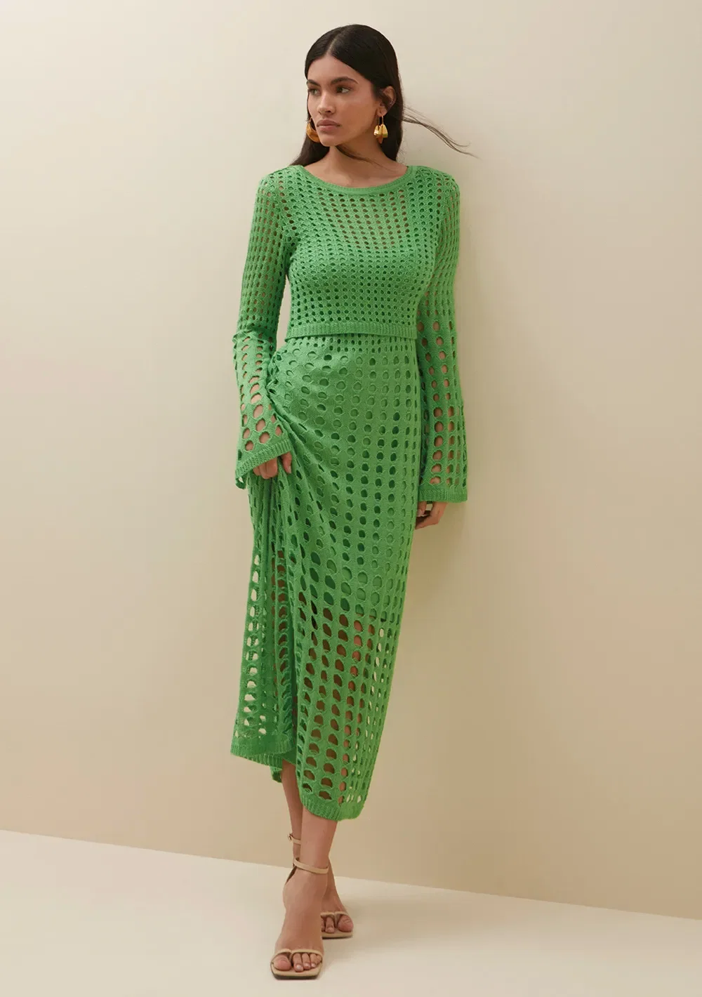 Vestido Morena Rosa Midi Decote Redondo Detalhe Tricôt Verde