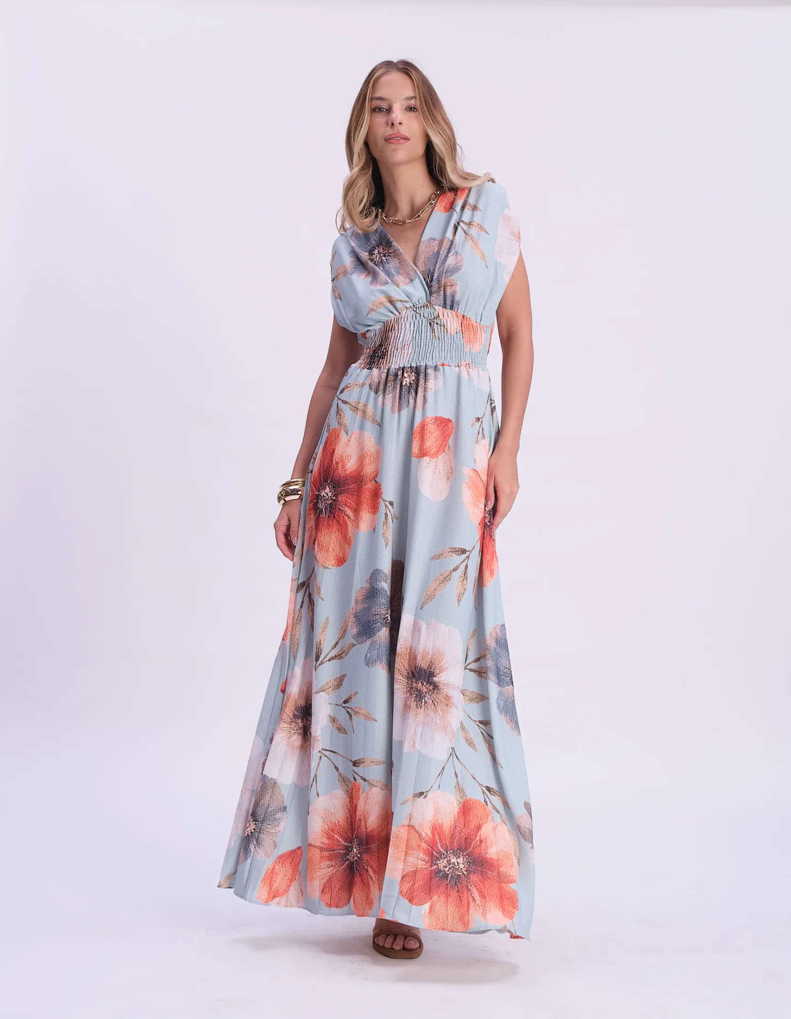 Vestido Plissado Estamp Flores Lastex - Azul Claro