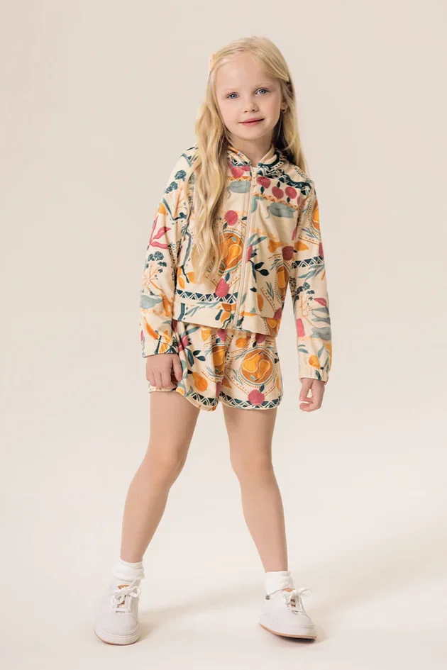 Conjunto Infantil Jaqueta Com Shorts em Plush Estampado Ritual da Manhã