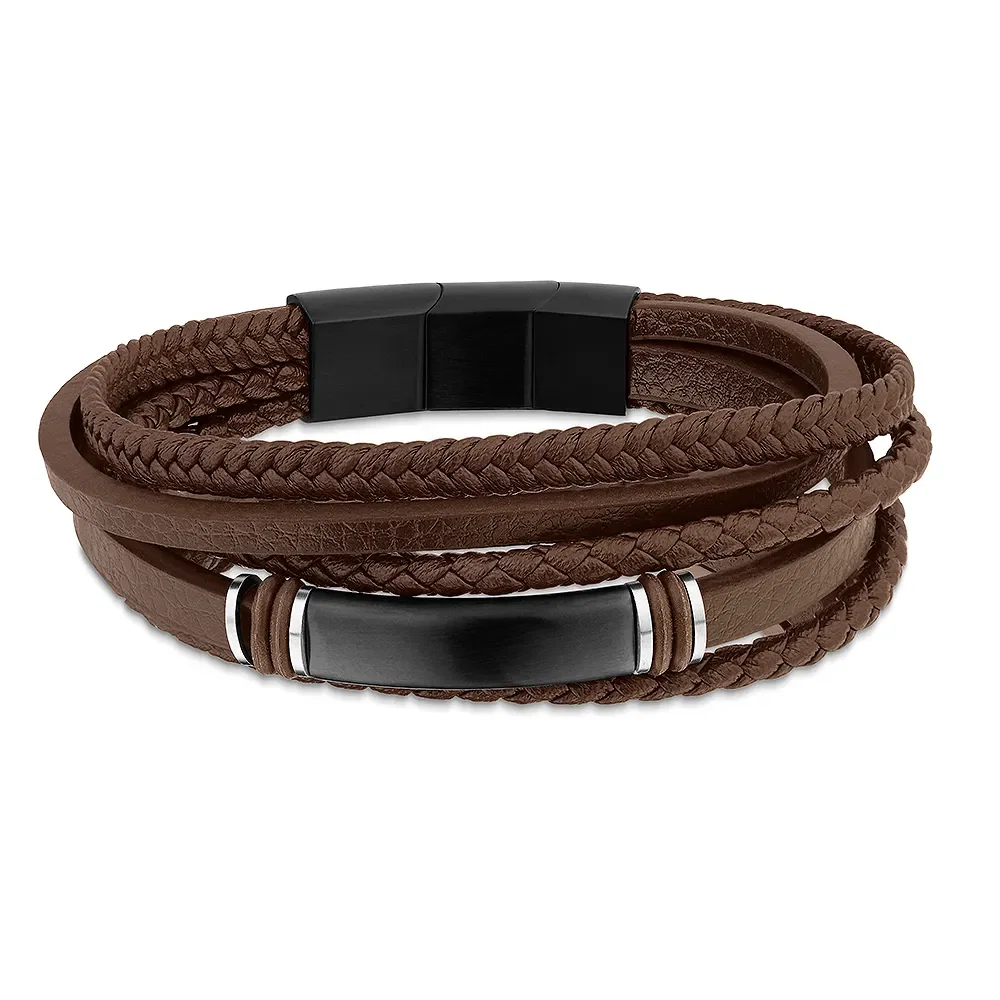 Pulseira Life em Couro V Marrom com Aço