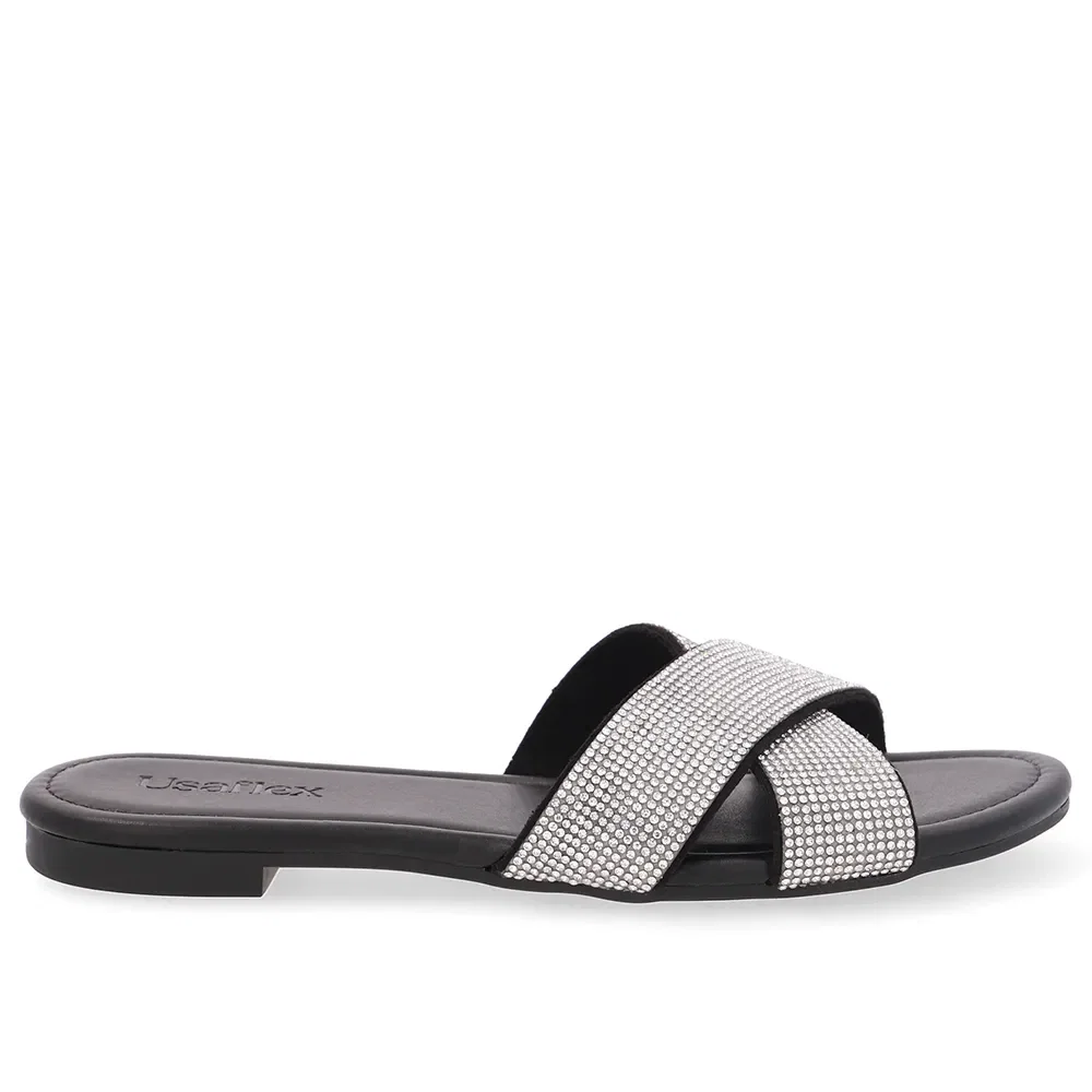 Slide Preto Rasteiro Tira Strass