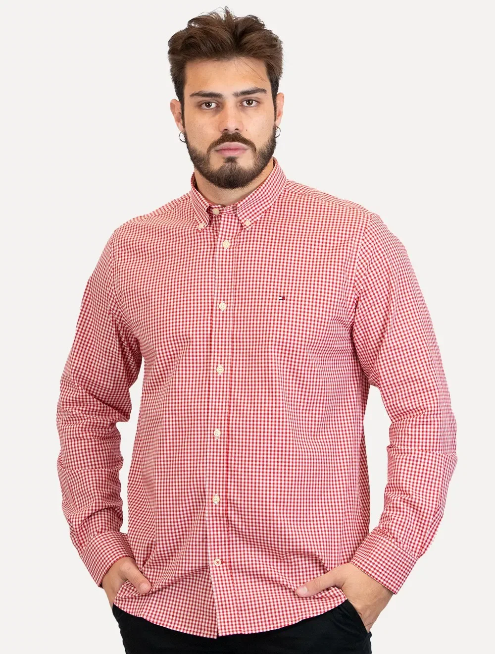 Camisa Tommy Hilfiger Masculina Xadrez Gingham Branca / Vermelha