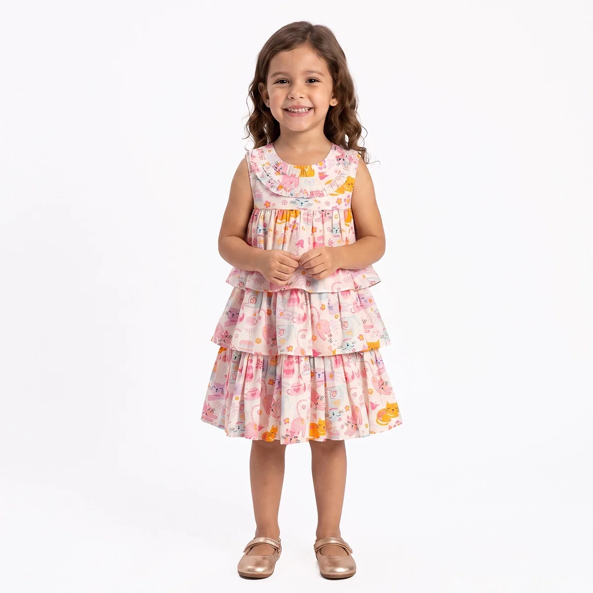 Vestido Kids Gatinha Tricoline Estampado Tip Top