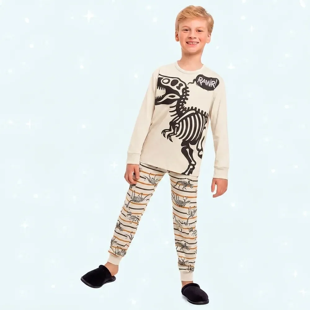 Conjunto pijama infantil camiseta manga longa e calça dinos brilha no escuro
