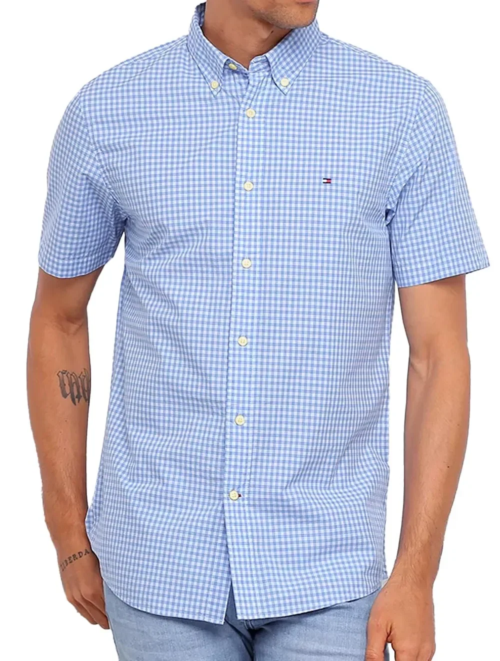 Camisa Tommy Hilfiger Masculina Manga Curta Xadrez Gingham Branca / Azul
