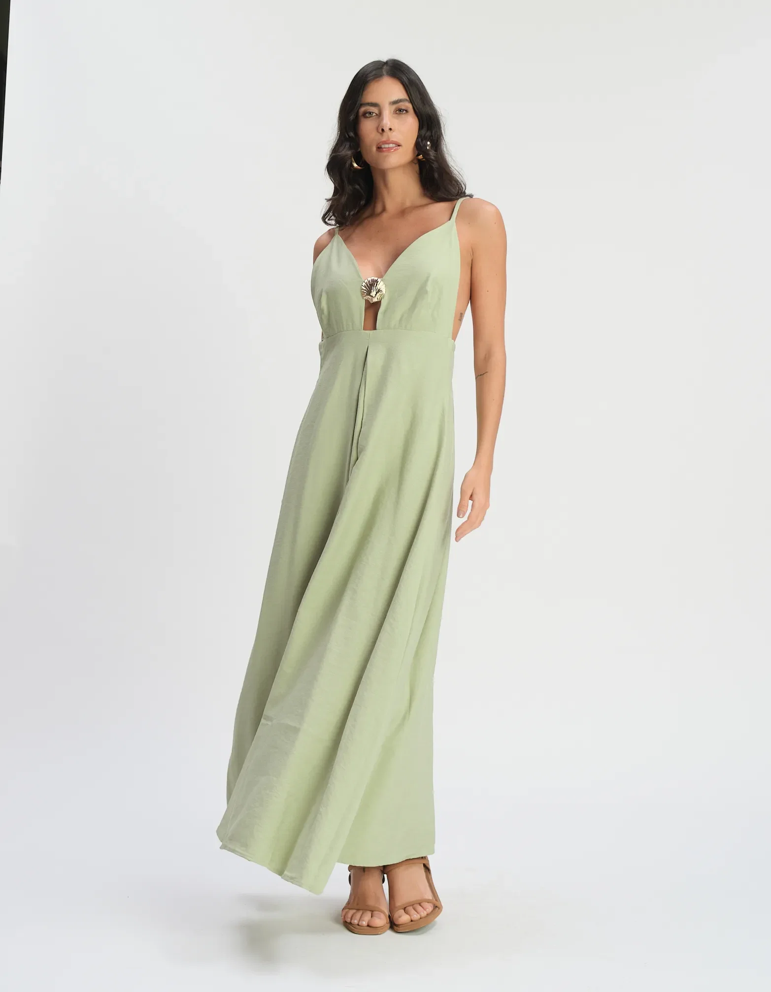 Vestido Longo Detalhe Decote Concha - Verde — imagem 1
