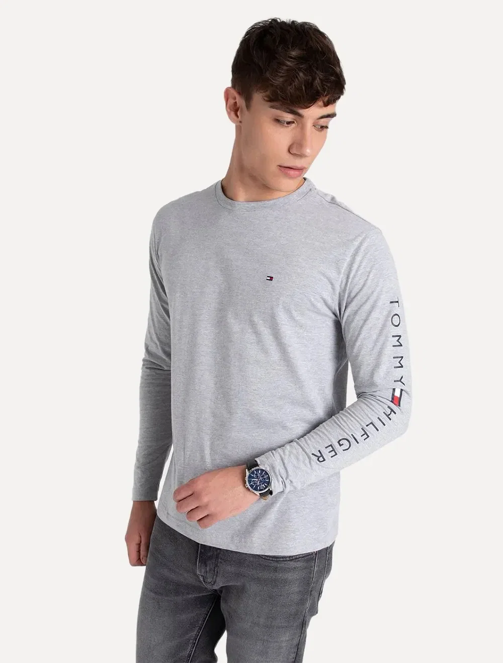 Camiseta Tommy Hilfiger Masculina Manga Longa Essential Sleeve Cinza Mescla — imagem 1