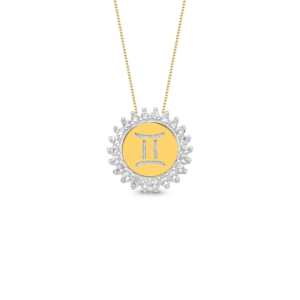 Pingente Medalha Signo Gemêos em Prata 925 e Ouro Amarelo 18k com Topázios Incolores, 15.4mm — imagem 1