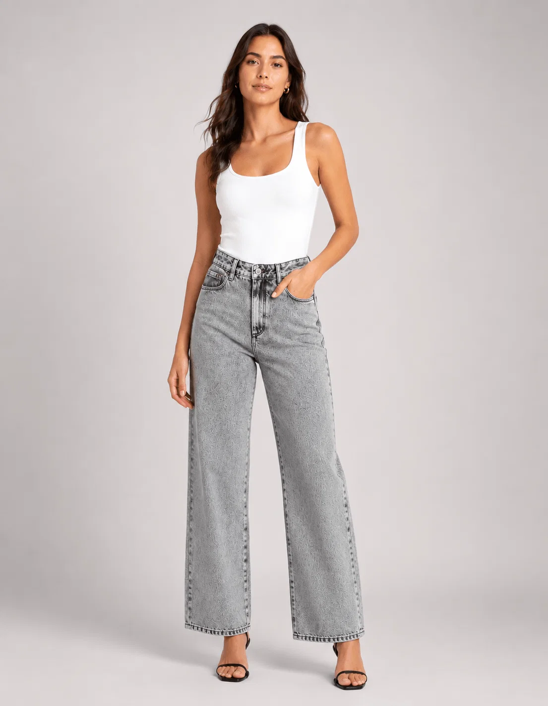 Calça Jeans Wide Leg Marmorizado - Cinza — imagem 1