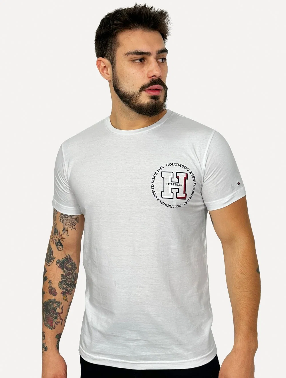 Camiseta Tommy Hilfiger Masculina Columbus H Roundle Logo Branco — imagem 1