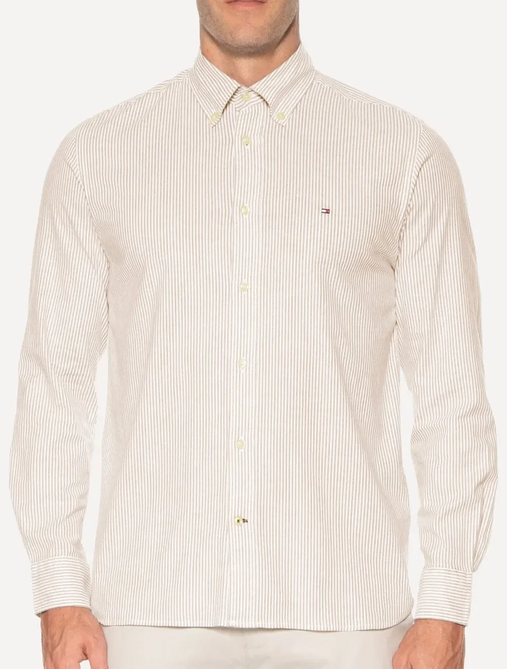Camisa Tommy Hilfiger Masculina Regular Oxford Striped Cáqui — imagem 1