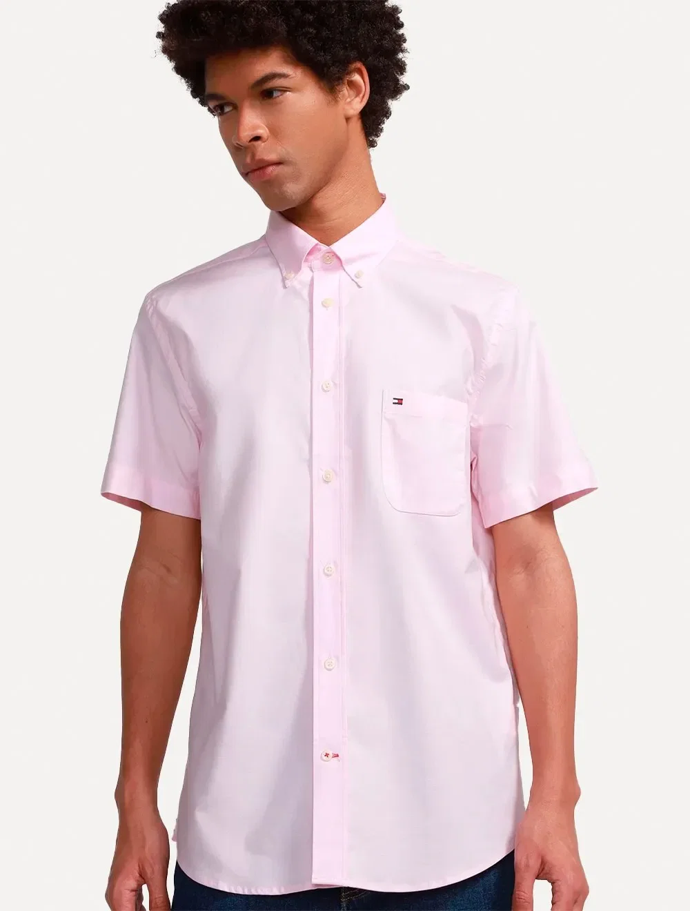 Camisa Tommy Hilfiger Masculina Manga Curta Regular Pocket Poplin Rosa Claro