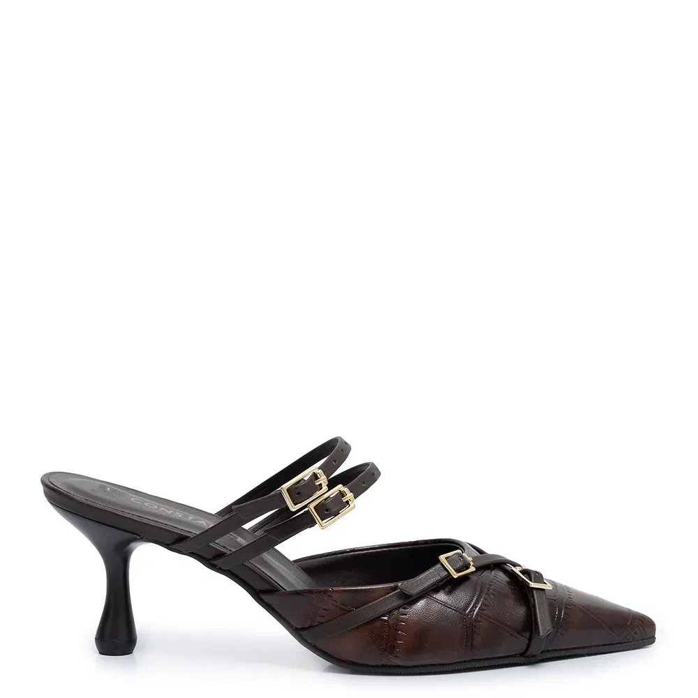 Scarpin Mule Café Texturizado Fivelas — imagem 1