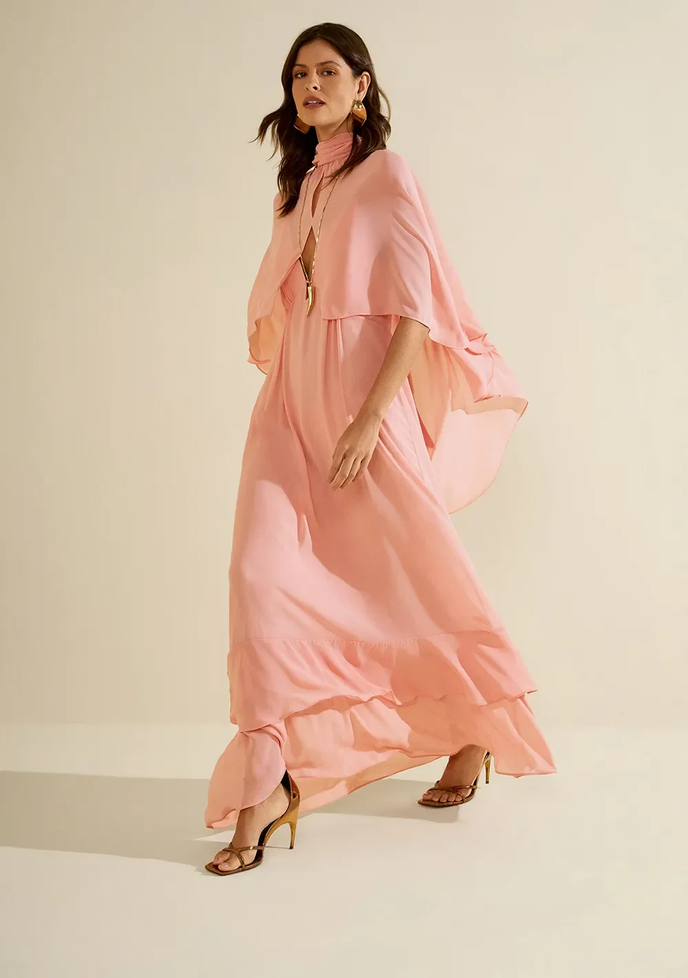 Vestido Morena Rosa Solto Decote V Com Alça Longo Rosa