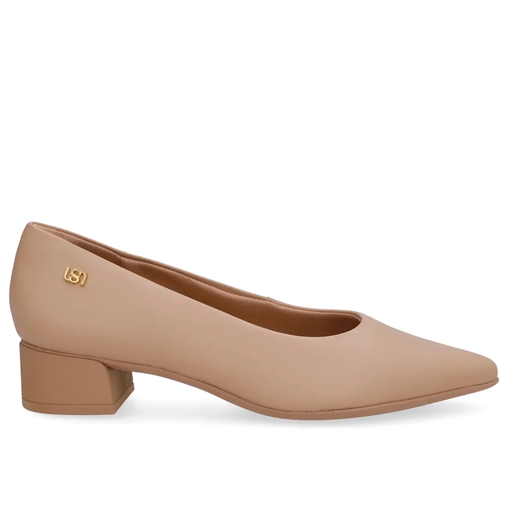 Scarpin Bege Salto Bloco Couro Bico Fino — imagem 1