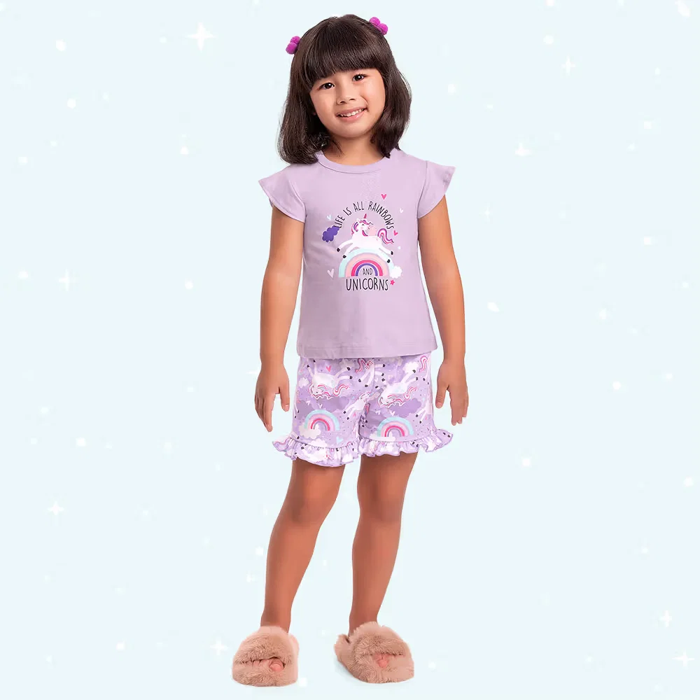 Conjunto pijama blusa e short unicórnio com tinta que brilha no escuro — imagem 1