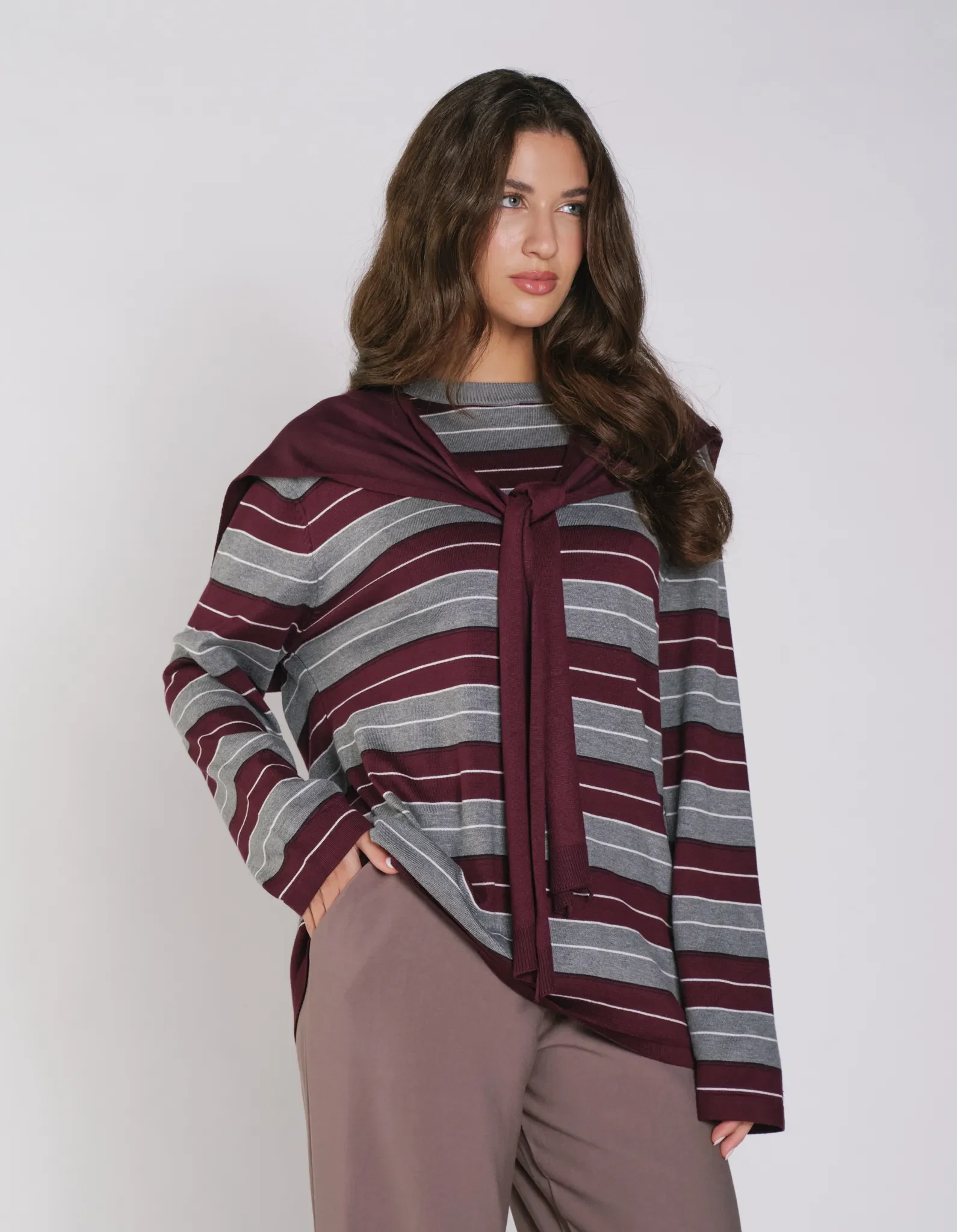 Blusa Manga Longa Listrada Bicolor - Vinho C/ Cinza — imagem 1
