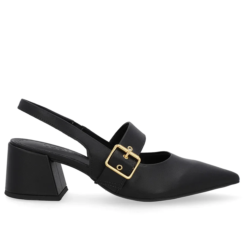 Slingback Preto Salto Bloco Couro Detalhe Fivela — imagem 1