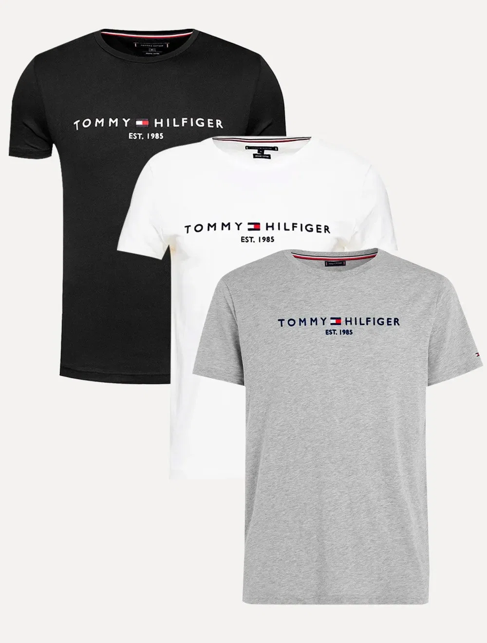 Kit Camisetas Tommy Hilfiger | Masculina Core Logo Tee Preta / Branca / Cinza