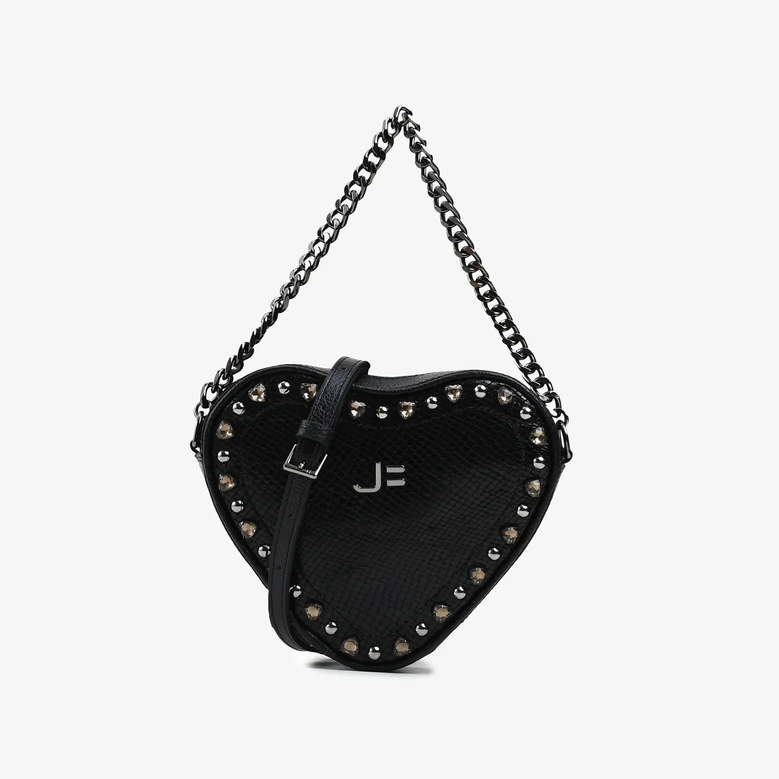 Bolsa Transversal Coração Pedraria Preto Couro