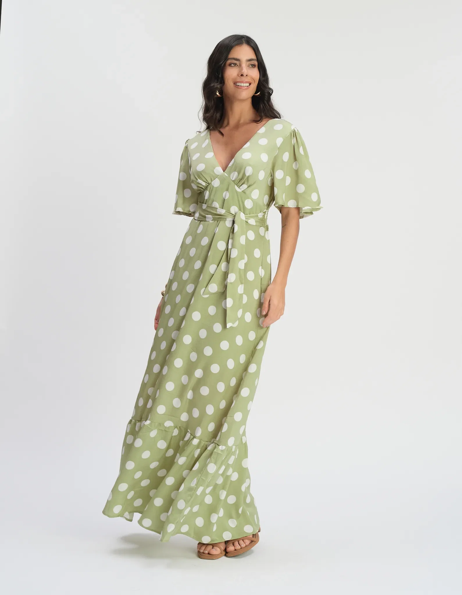 Vestido Longo Manga Estampado Poá - Verde